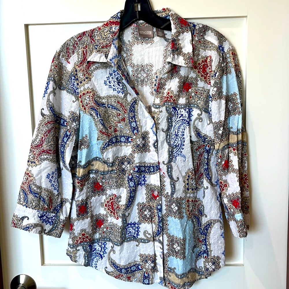 Multicolored Chico’s size 1 shirt.